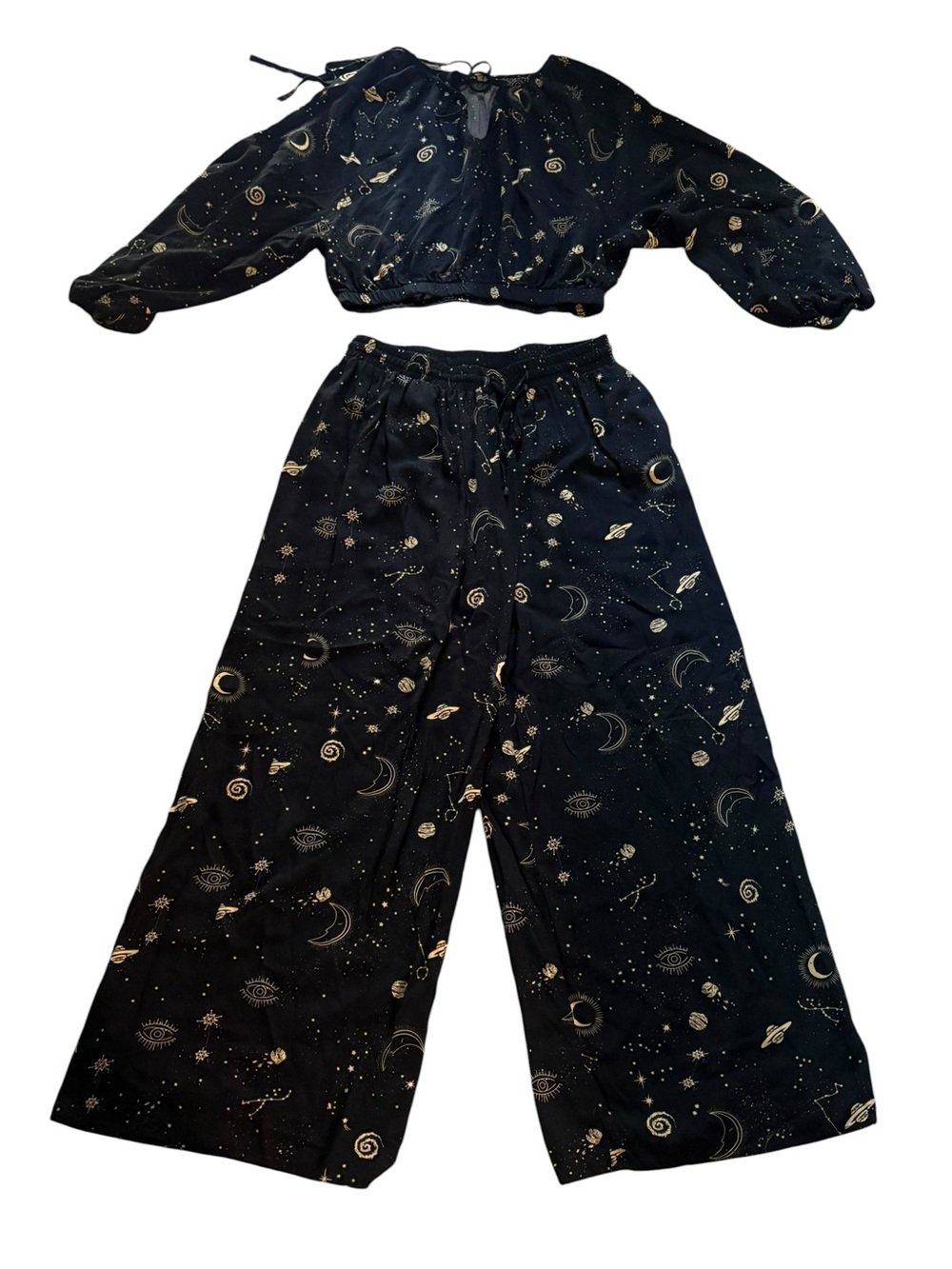 Cora Moon Celestial 2 Piece Set Black Gold Stars Wide Leg Pants Size M